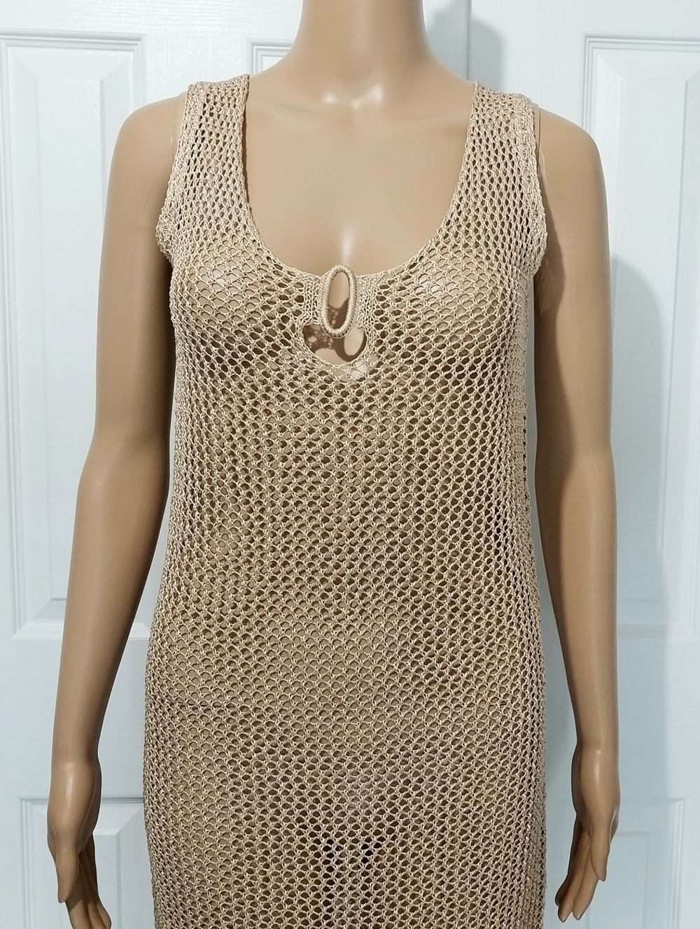 Golden Crochet Dress with Fringe, NWOT, Size S - Picture 2 of 11